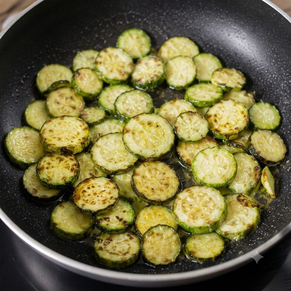 Zucchine bianche tagliate a rondelle mentre vengono dorate in padella con olio extravergine d'oliva per preparare le caserecce con stracciatella.