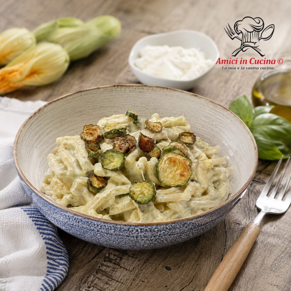 Caserecce cremose con zucchine bianche fritte, crema di zucchine, stracciatella di bufala e Parmigiano Reggiano servite in un piatto elegante.