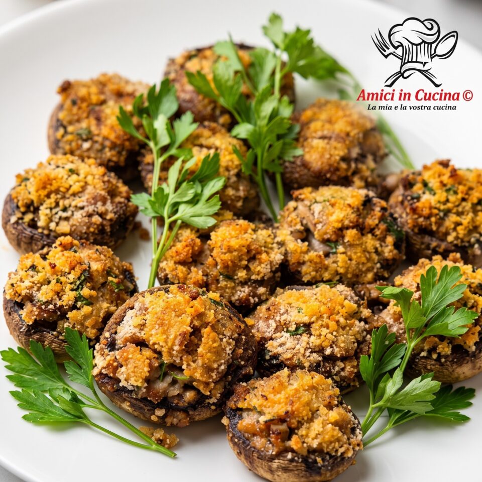 Piatto di funghi champignon ripieni dorati e croccanti cotti in friggitrice ad aria con prezzemolo fresco