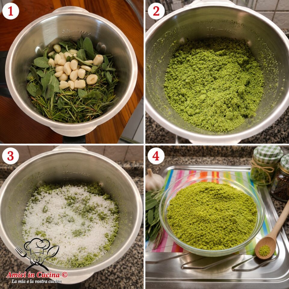 Collage delle quattro fasi della preparazione del sale aromatico.