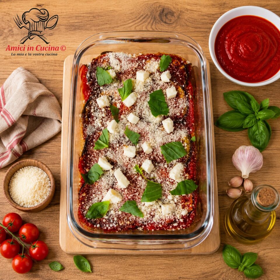 Ingredienti per preparare la parmigiana di melanzane non fritte al forno