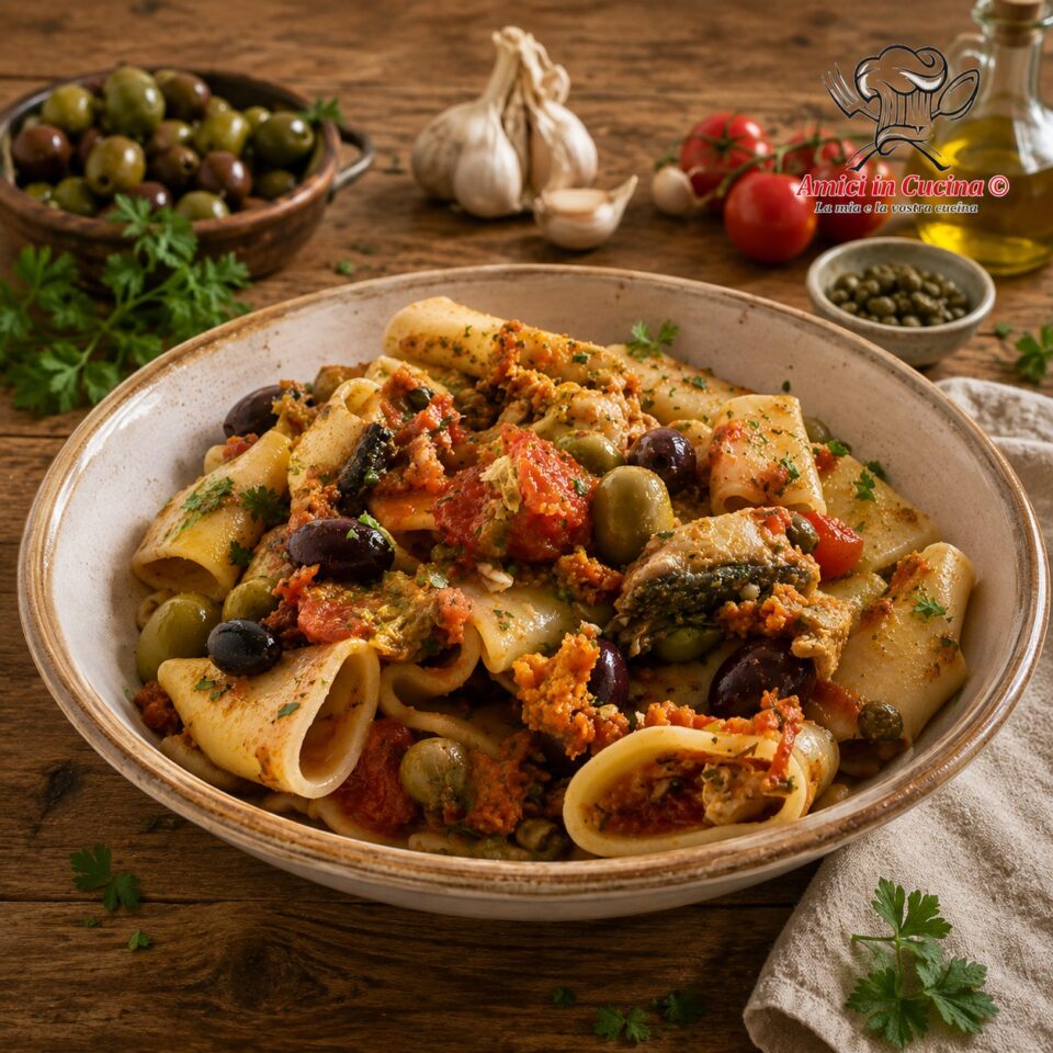 Paccheri all’Isolana con sgombro olive capperi e pomodoro
