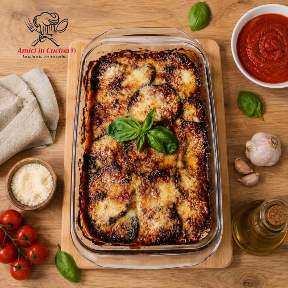 Parmigiana di melanzane non fritte al forno con pomodoro mozzarella parmigiano e basilico