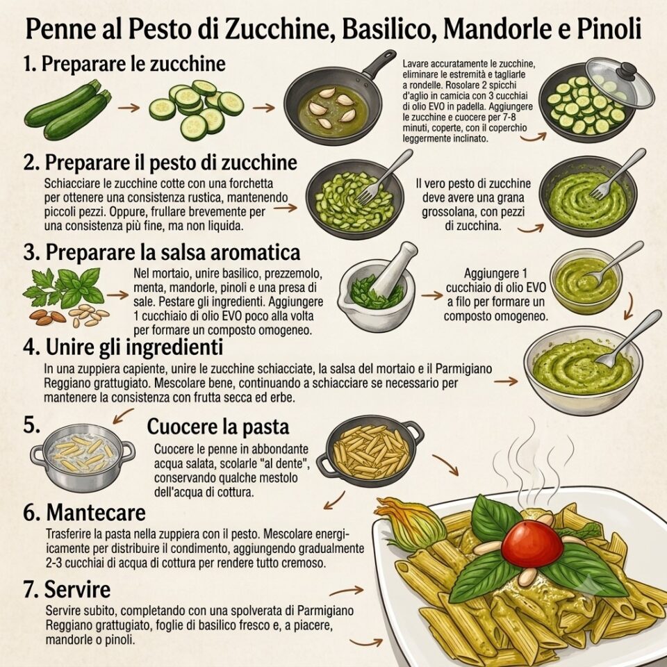 Penne con pesto di zucchine, basilico, mandorle e pinoli