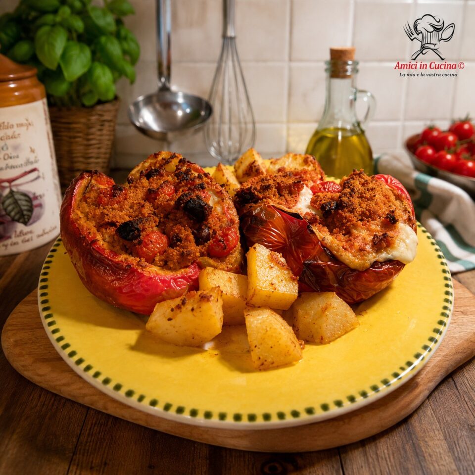 Peperoni al forno ripieni di cous cous e scamorza con patate