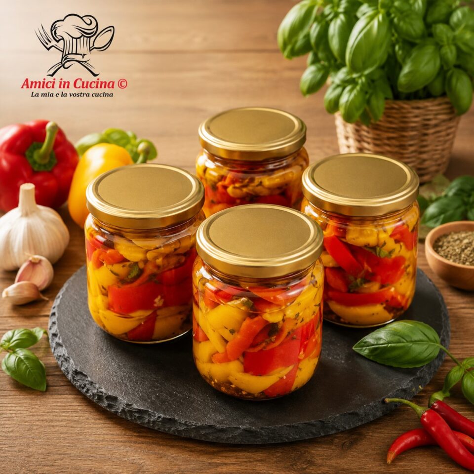 Peperoni sott’olio fatti in casa con peperoni rossi gialli e verdi