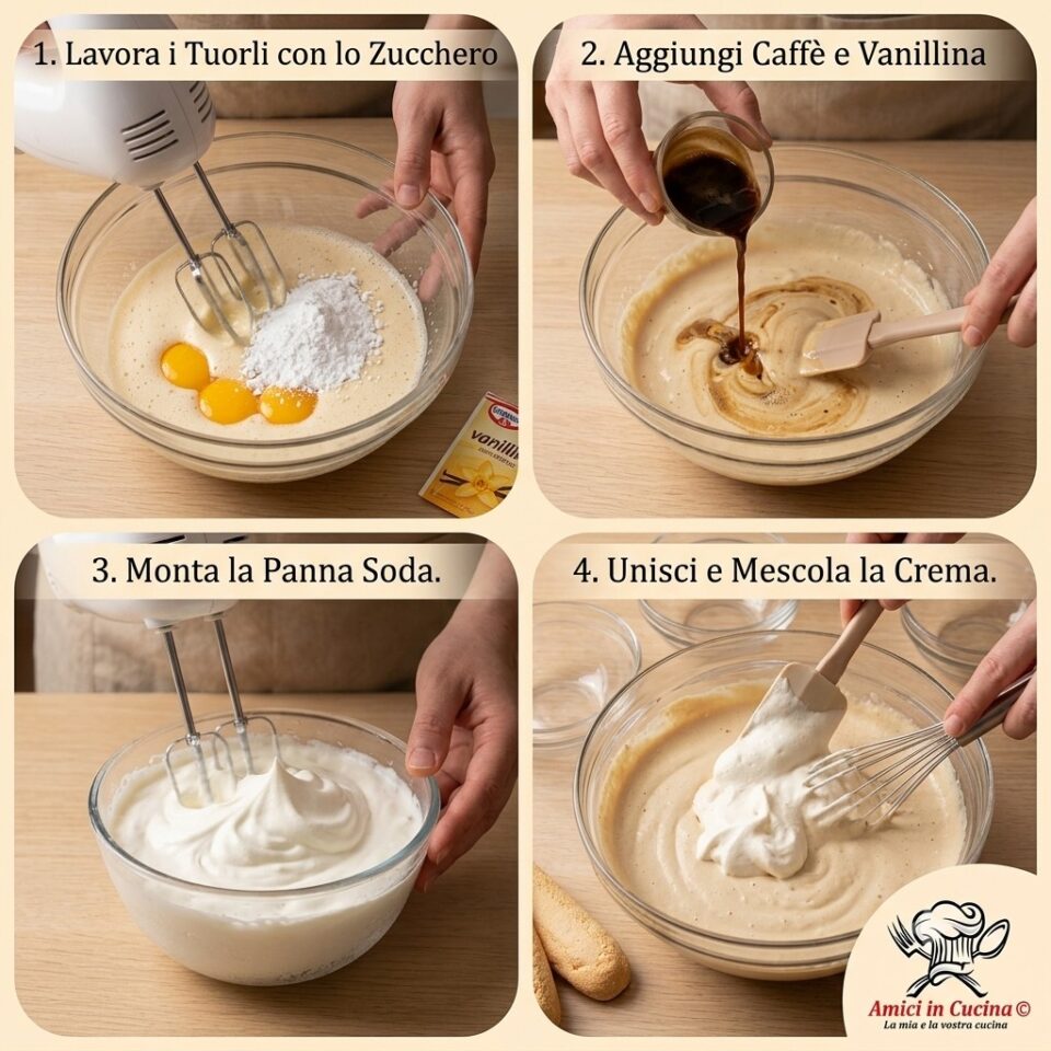 Procedimento passo passo del gelato al caffè senza glutine preparato senza gelatiera.