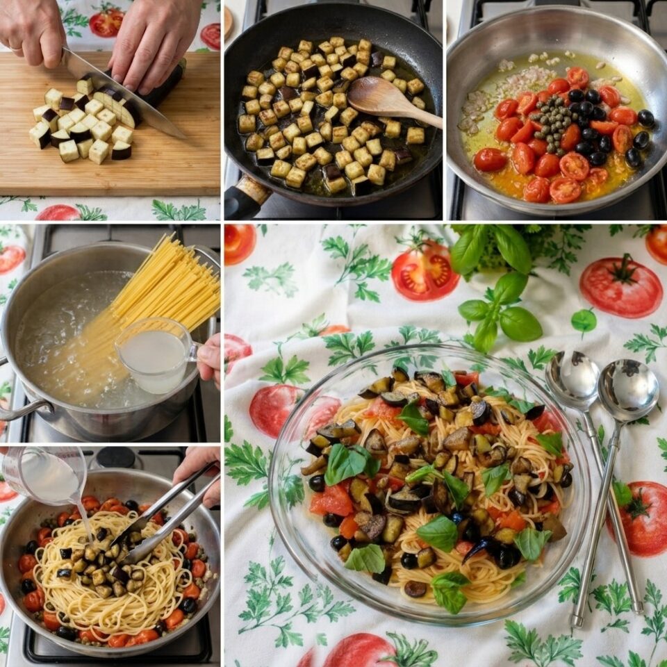 Procedimento passo passo per spaghetti con melanzane, pomodorini, capperi e olive nere