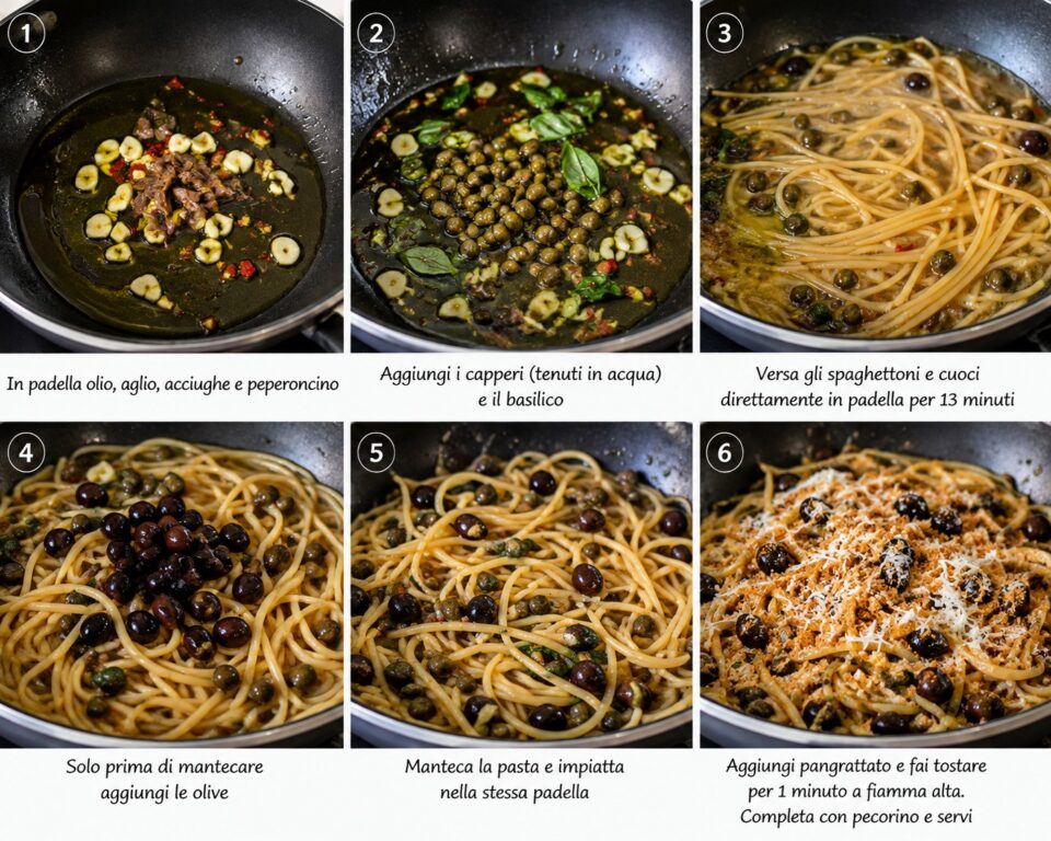 Procedimento passo passo degli spaghettoni con olive, capperi, acciughe, peperoncino, pangrattato e pecorino