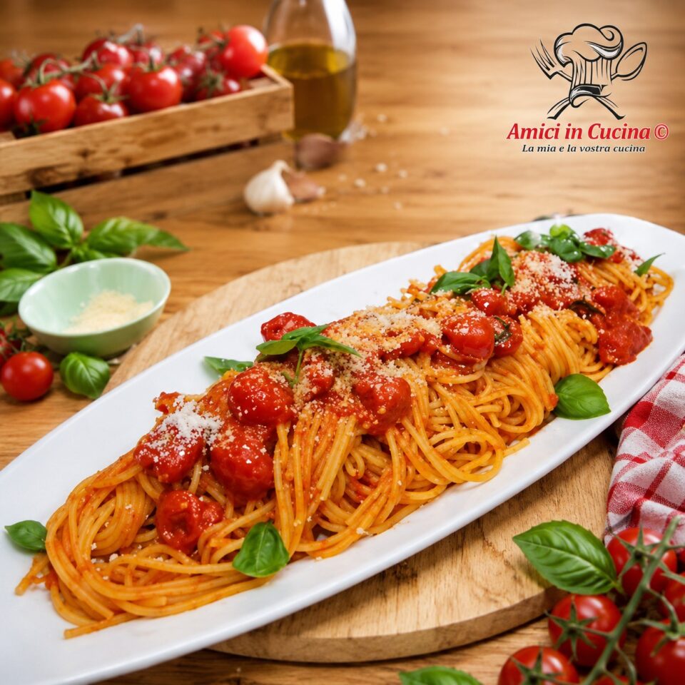 Spaghetti al pomodoro con pomodorini freschi e basilico
