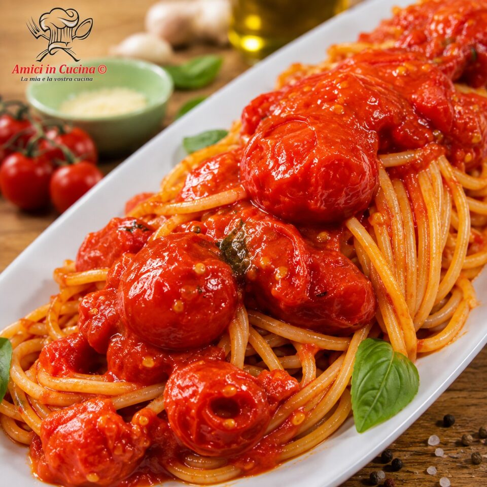 Dettaglio degli spaghetti al pomodoro con basilico 