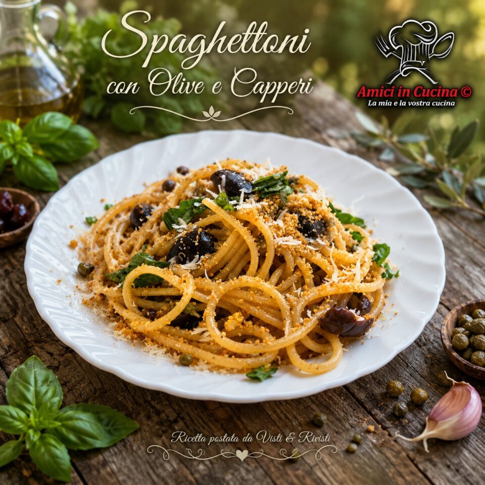 Spaghettoni con olive e capperi, acciughe e pangrattato croccante