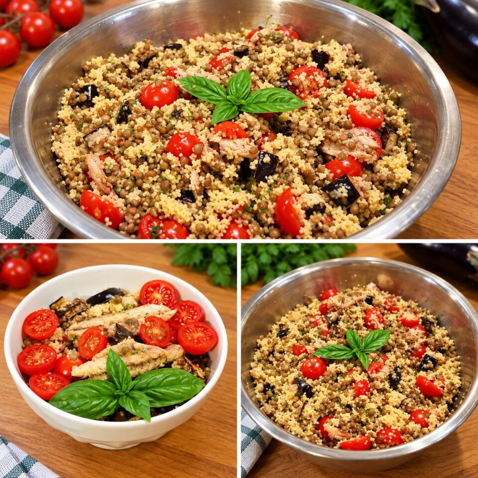 Collage passaggi: la grande terrina con il cous cous condito e la ciotola di servizio monoporzione guarnita con pomodorini e basilico fresco
