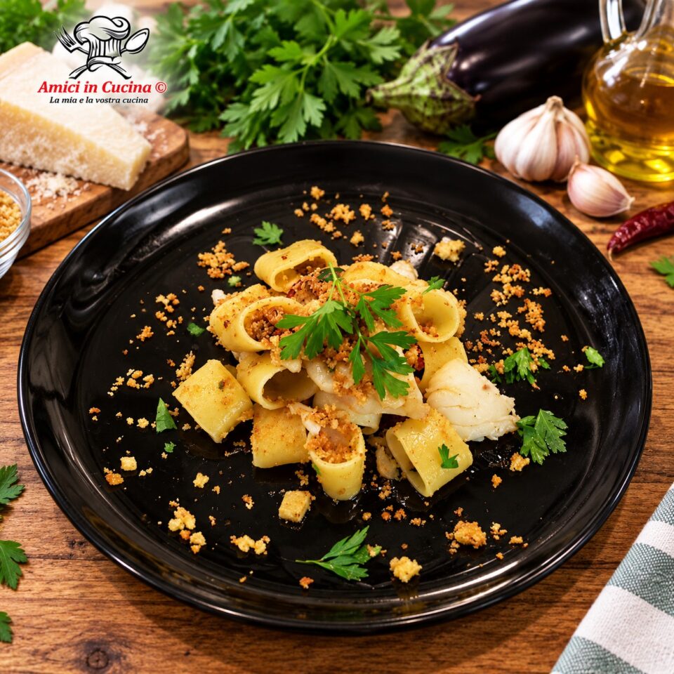 Piatto nero elegante con pasta formato calamarata condita con trancetti di baccalà, melanzane a cubetti e una golosa pioggia di mollica di pane tostata