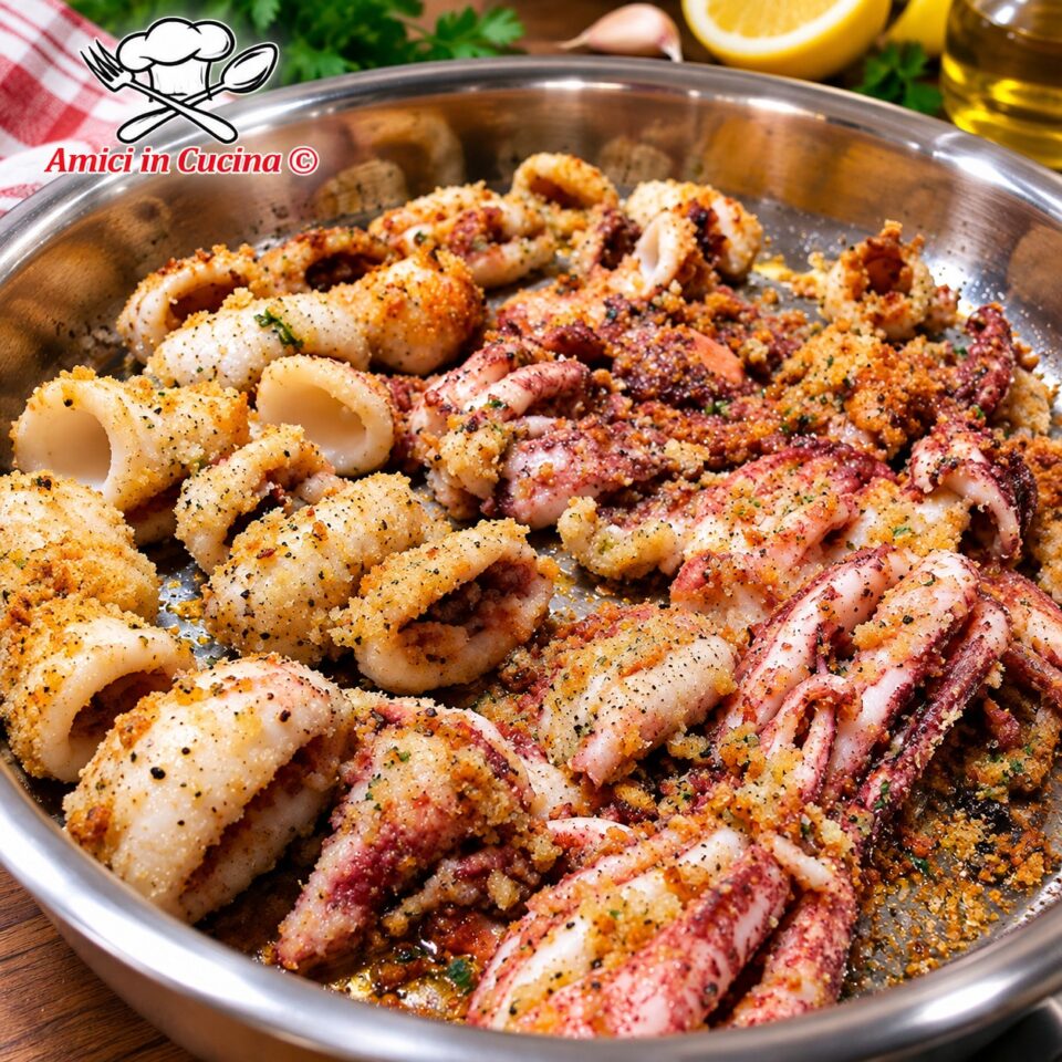 Teglia di metallo contenente anelli e ciuffi di calamari cotti al forno, ricoperti da una panatura dorata e croccante a base di pangrattato e aromi