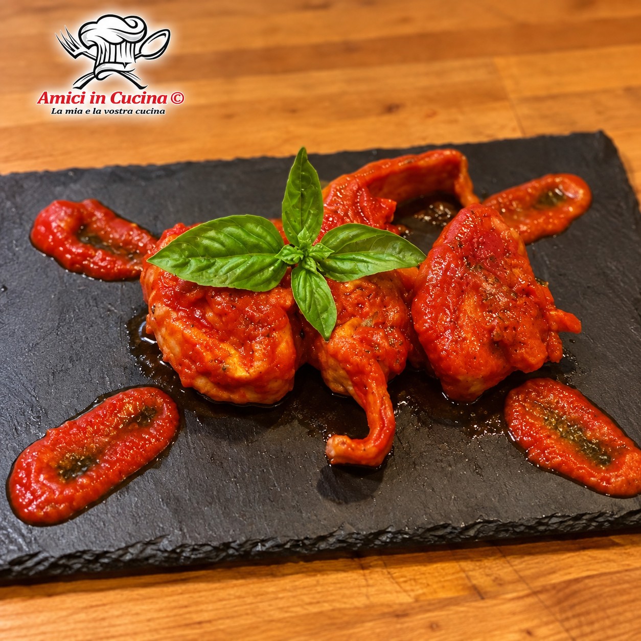 Tranci di coniglio all'ischitana ben cotti, serviti su un piatto di ardesia nera, avvolti da un denso sugo di pomodoro e decorati con basilico fresco