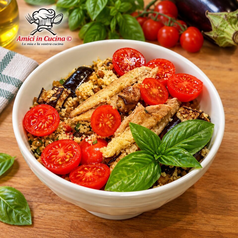 Ciotola bianca tonda con cous cous sgranato arricchito con lenticchie, melanzane a cubetti, pomodorini freschi tagliati a metà, filetti di sgombro e basilico profumato