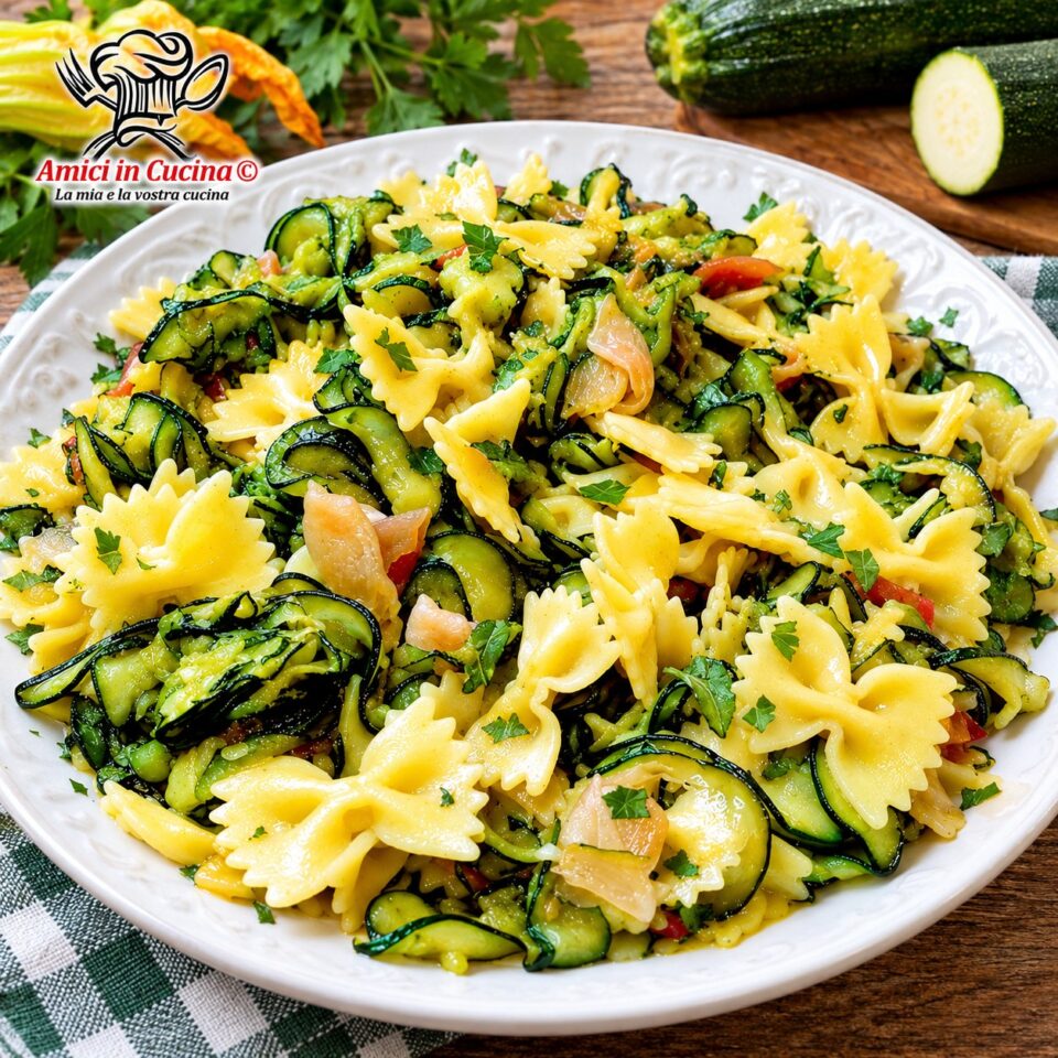 Piatto di farfalle cremose con fette di zucchine sottili, provolone del monaco fuso e speck preparato da Patrizio Lombardi