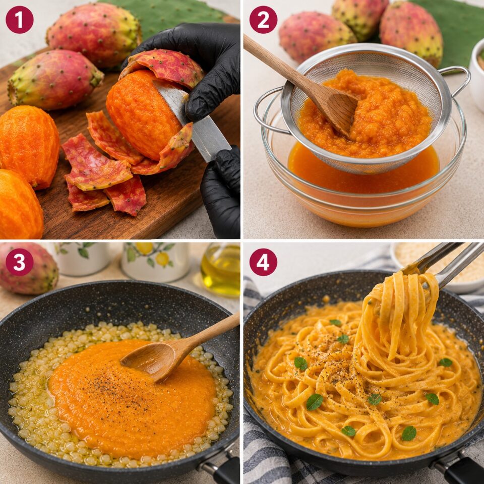 Collage fotografico con i passaggi per preparare le fettuccine ai fichi d'India: sbucciatura, setacciatura polpa e mantecatura