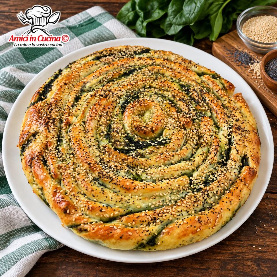 Grande girella di pasta sfoglia rustica cotta al forno, riccamente ricoperta di semi di sesamo e papavero, preparata da Cristina