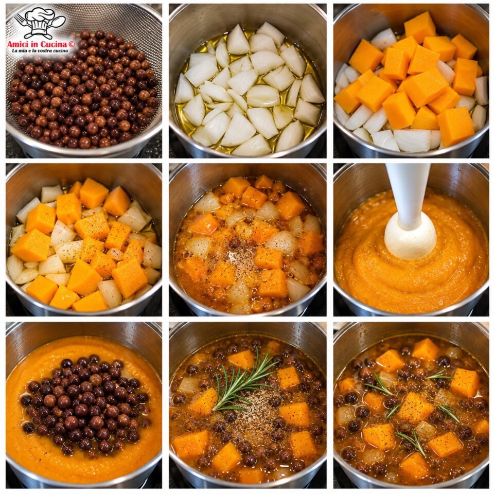 Collage di 9 foto con i passaggi della ricetta: i ceci neri, la rosolatura di cipolla e zucca, la frullatura con il minipimer per creare la crema e l'aggiunta finale dei ceci cotti nel tegame