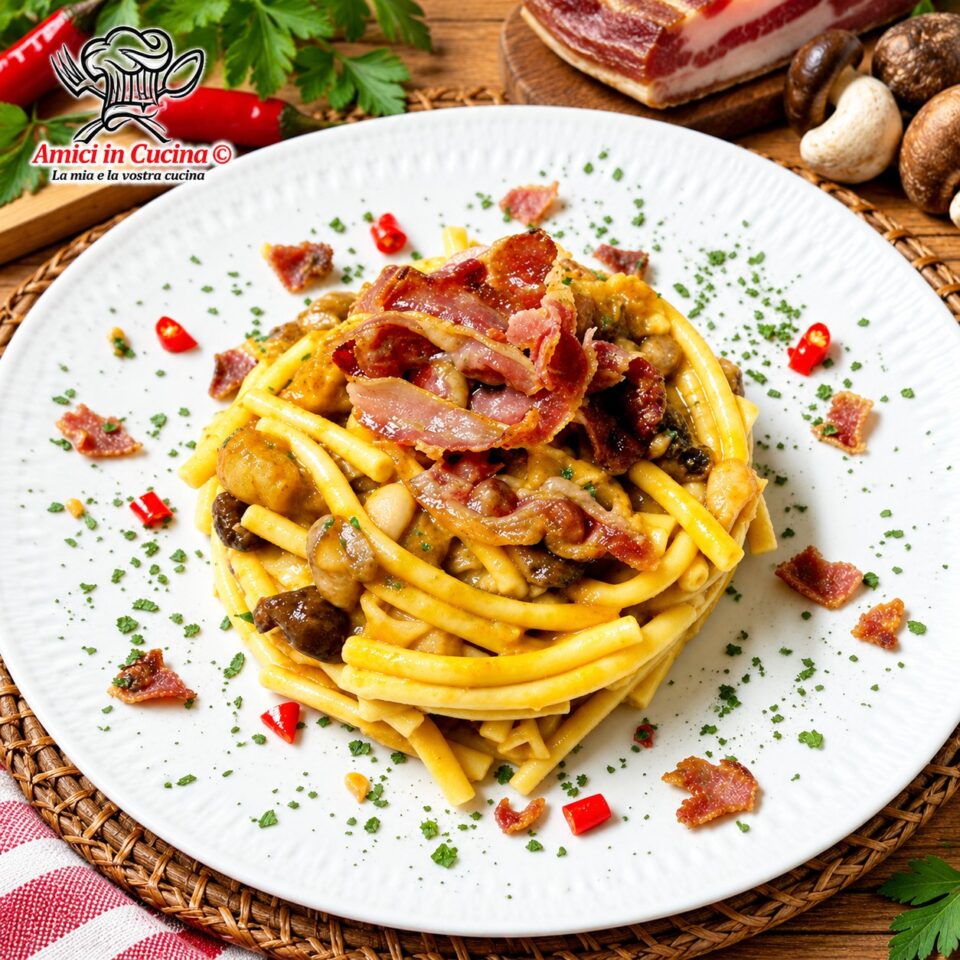 Piatto di pasta e fagioli cremosa con funghi misti e pancetta croccante preparato da Amerigo Morgia