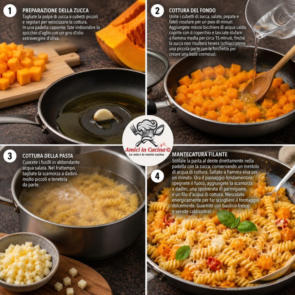 Collage fotografico con i passaggi per preparare i fusilli cremosi con zucca e scamorza filante