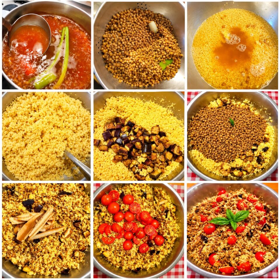 Collage passaggi: la bollitura delle lenticchie con gli aromi, l'idratazione del cous cous con il brodo e l'assemblaggio finale con melanzane, sgombro, pomodorini e basilico