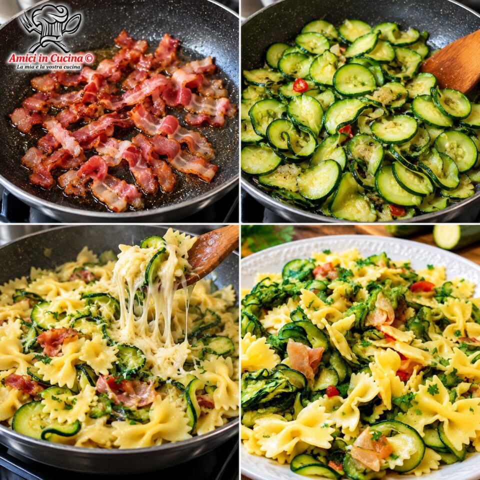 Collage dei passaggi della ricetta: la rosolatura dello speck, le zucchine trifolate in padella e la mantecatura finale delle farfalle col provolone del monaco