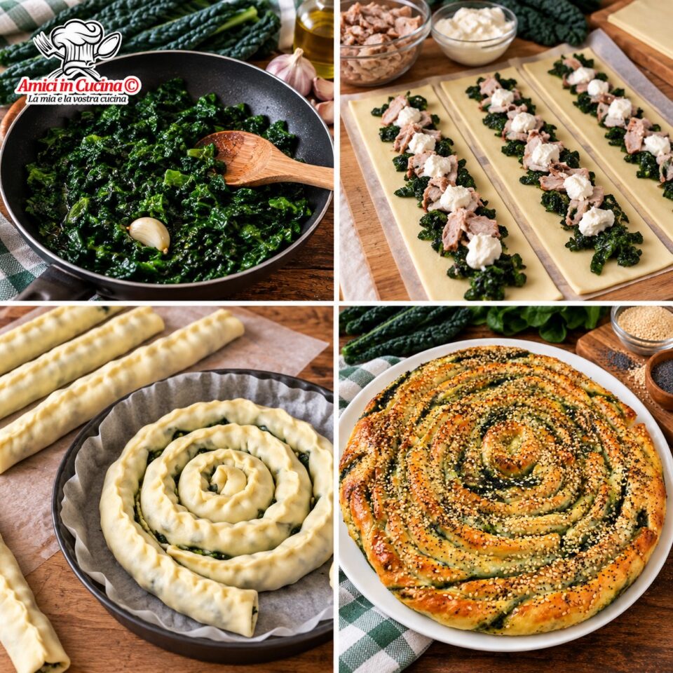 Passaggi della ricetta: preparazione del ripieno, farcitura della pasta sfoglia a strisce e arrotolamento a forma di spirale