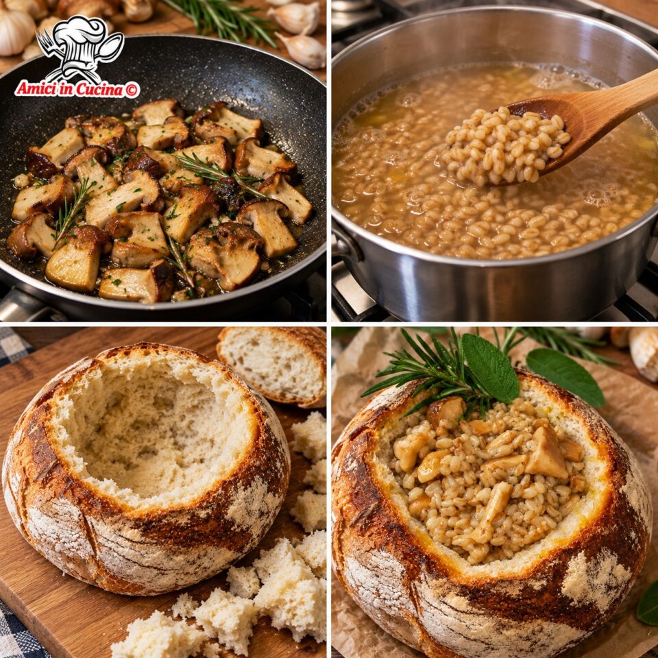 Collage dei passaggi: preparazione dei funghi, cottura del farro e preparazione della pagnotta di pane come contenitore