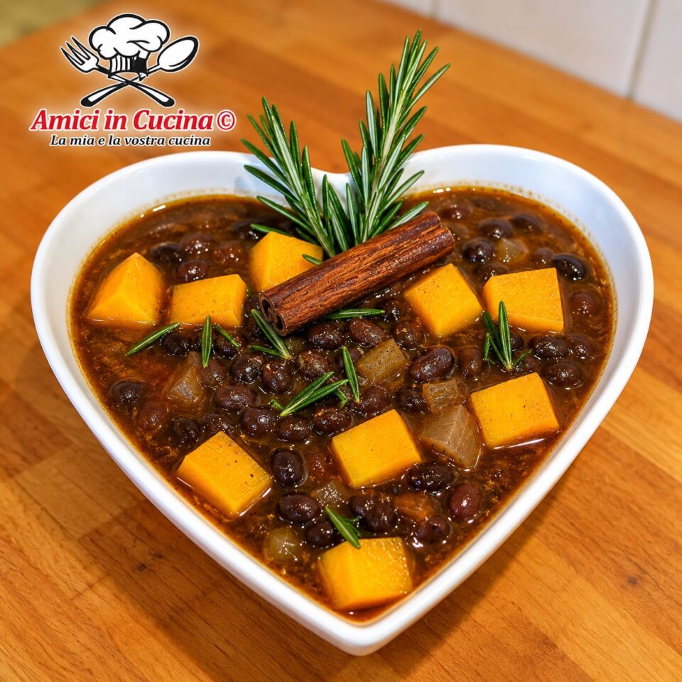 Ciotola in ceramica bianca a forma di cuore ripiena di una densa zuppa a base di crema di zucca e ceci neri interi, decorata in superficie con cubetti di zucca, rosmarino fresco e una stecca di cannella