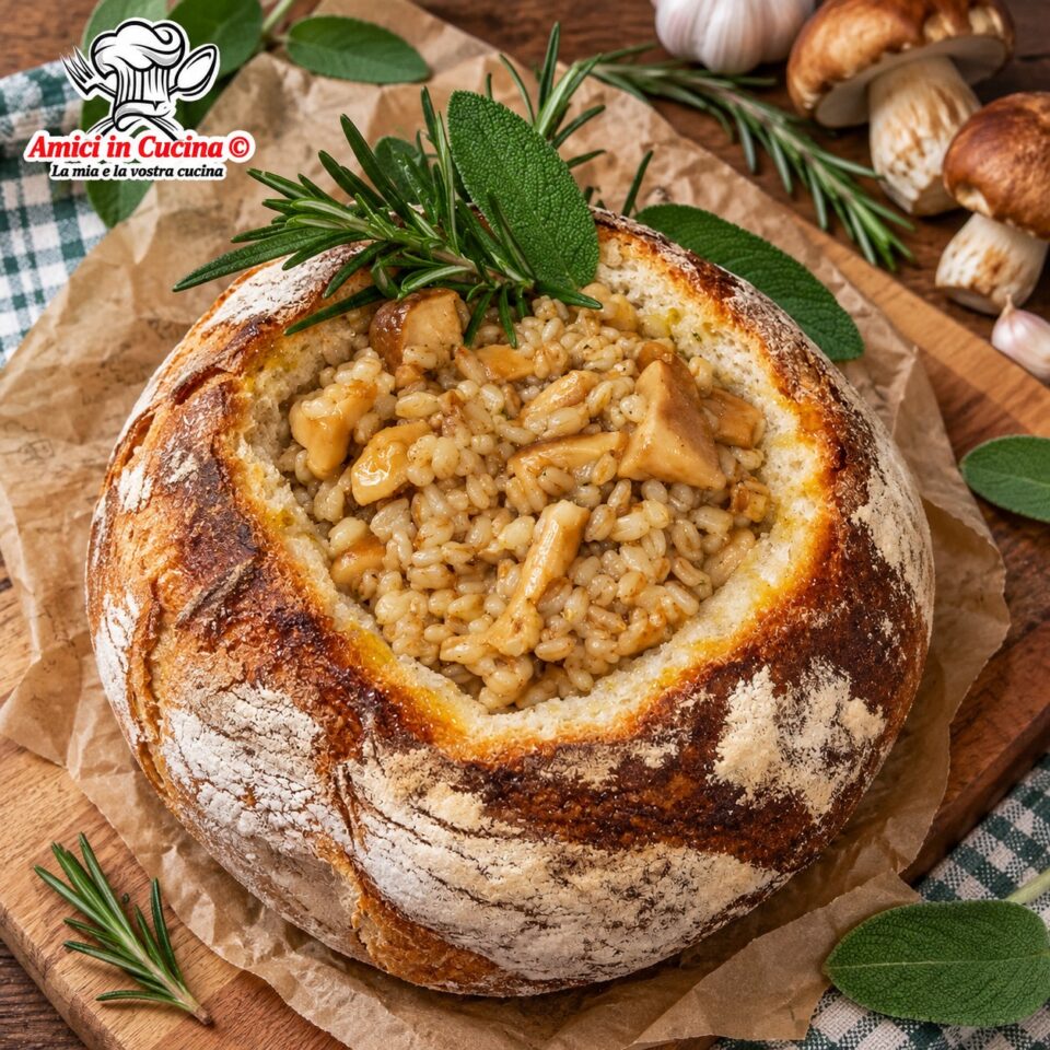 Zuppa rustica di farro e funghi porcini servita all'interno di una pagnotta di pane scavata, decorata con salvia e rosmarino fresco