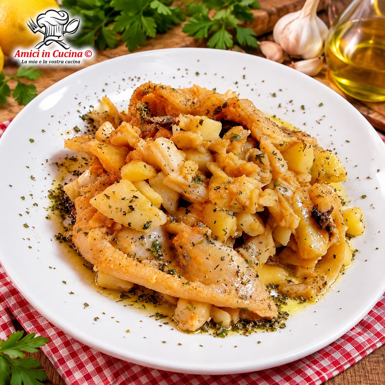 Piatto bianco con tranci di baccalà cotti in umido insieme a cubetti di patate dorate, conditi con un sughetto saporito e spolverati con erbe aromatiche tritate