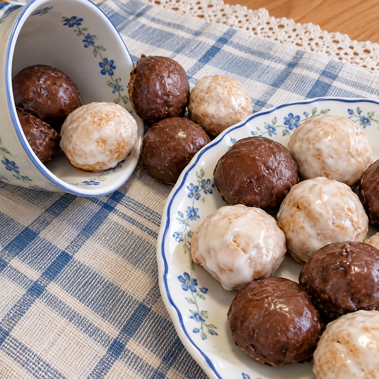 Piatto decorato con biscotti rotondi siciliani ricoperti da una densa glassa di zucchero, metà di colore bianco e metà al cacao