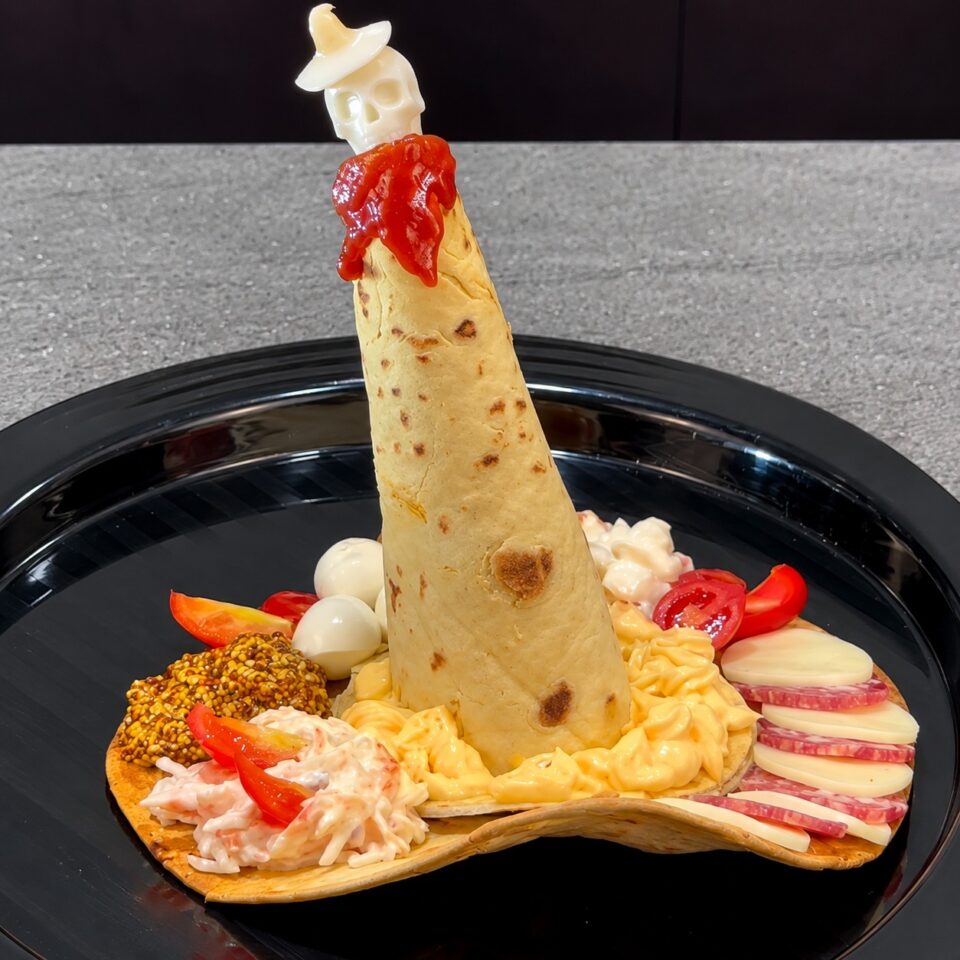 Centrotavola a forma di cappello da strega realizzato con piadine croccanti, circondato da un ricco buffet di salumi, formaggi, pomodorini e salse