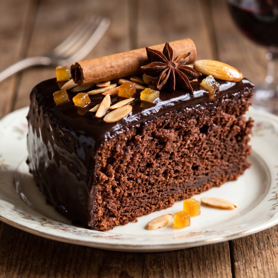 Primo piano di una fetta di torta al cioccolato e vino rosso dalla consistenza molto umida, ricoperta da una glassa lucida a specchio e decorata con anice stellato, cannella, mandorle e canditi