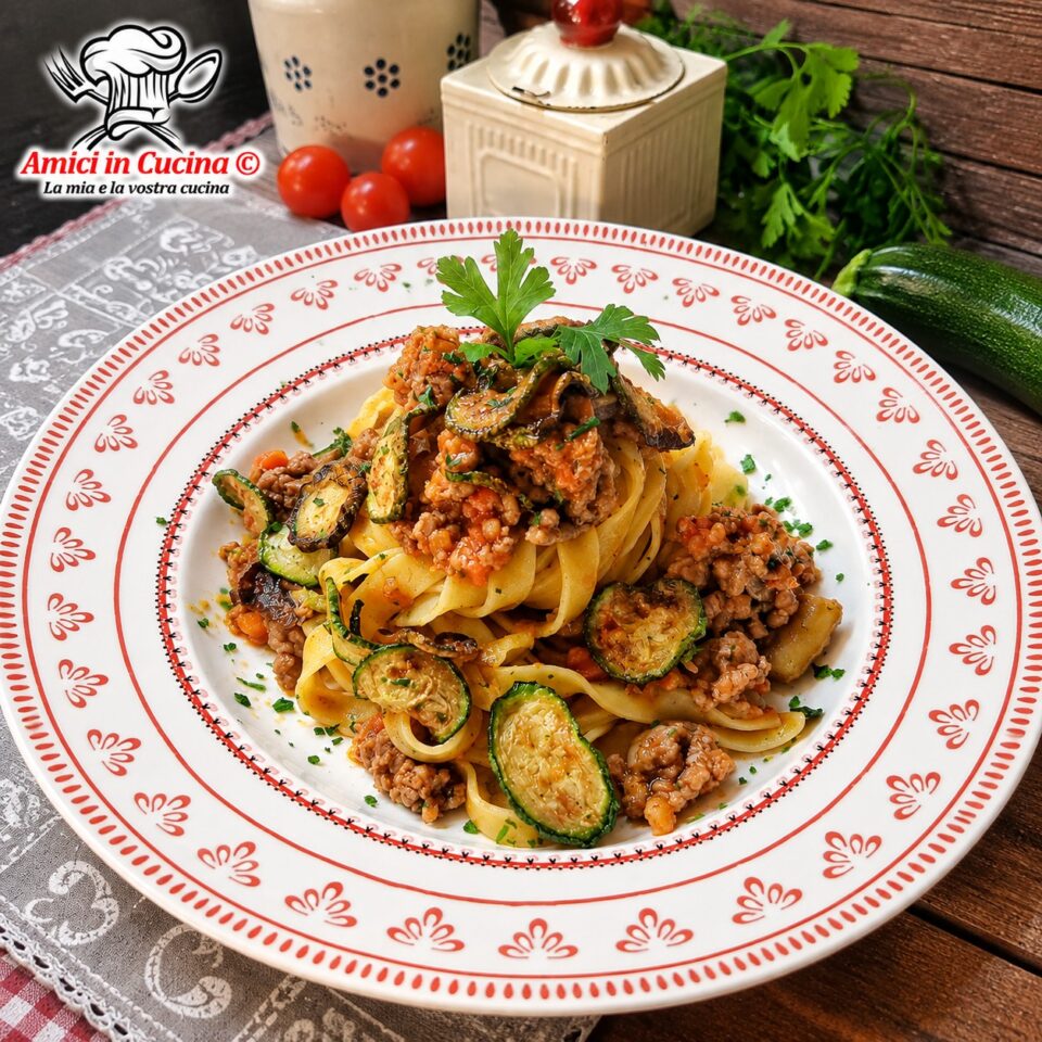 Piatto decorato con fettuccine avvolte da un ricco ragù di carne e funghi, guarnite in cima con gustose rondelle di zucchine fritte e una foglia di prezzemolo fresco, preparate da Amerigo Morgia