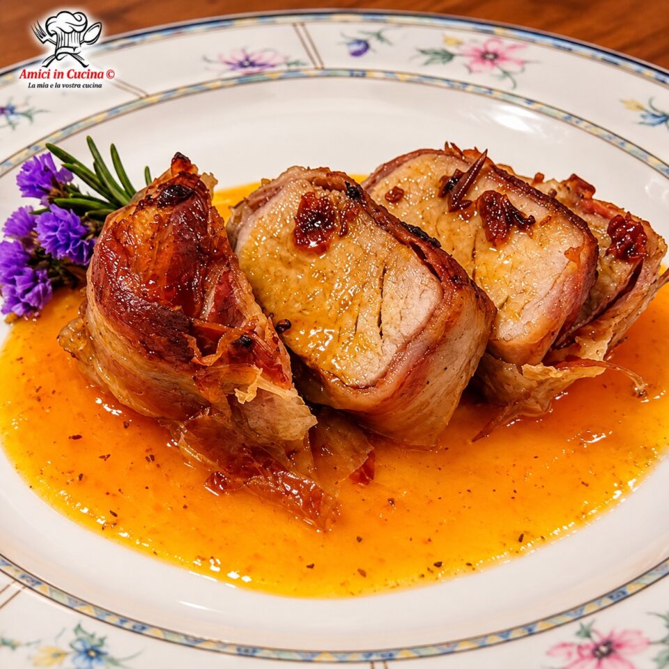 Elegante piatto con medaglioni di filetto di maiale bardati con pancetta croccante, adagiati su uno specchio di vellutata salsa arancione ai cachi e decorati con un rametto di rosmarino