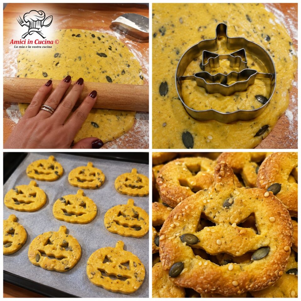 Fasi di formatura: stesura della pasta col matterello, intaglio con formina a zucca, disposizione in teglia e dettaglio del salatino cotto