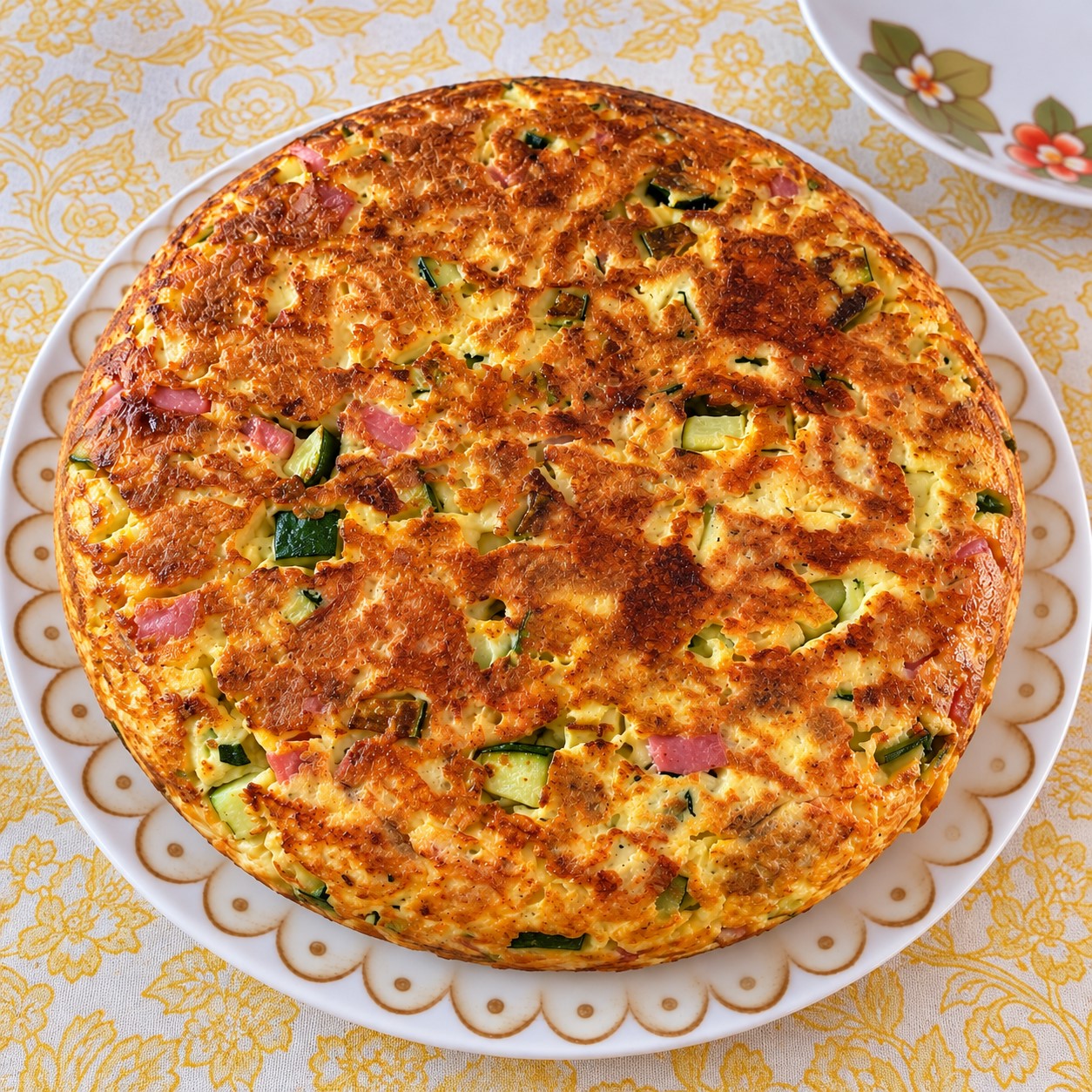 Spessa e dorata frittata rustica preparata con pane raffermo, uova, cubetti di zucchine, pezzetti di mortadella e formaggio filante