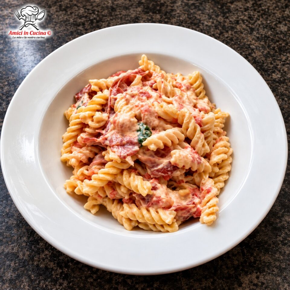 Piatto bianco fondo contenente fusilli avvolti in una densa crema rosata di formaggio e pomodoro, arricchiti con listarelle di prosciutto crudo e una foglia di basilico