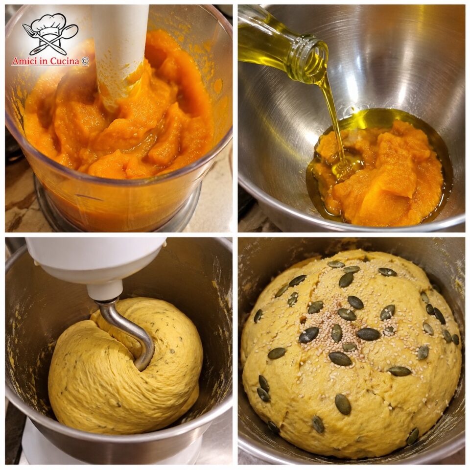 Fasi di preparazione dell'impasto: frullatura della zucca, miscelazione con olio e farina, e aggiunta dei semi al panetto lievitato