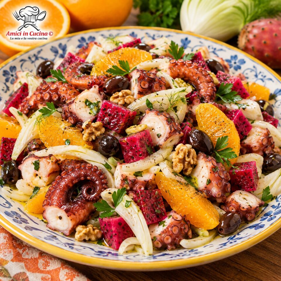 Grande piatto da portata rotondo con insalata di polpo mista a spicchi di arancia, finocchi, olive scure, cubetti di fico d'india rosso e prezzemolo fresco