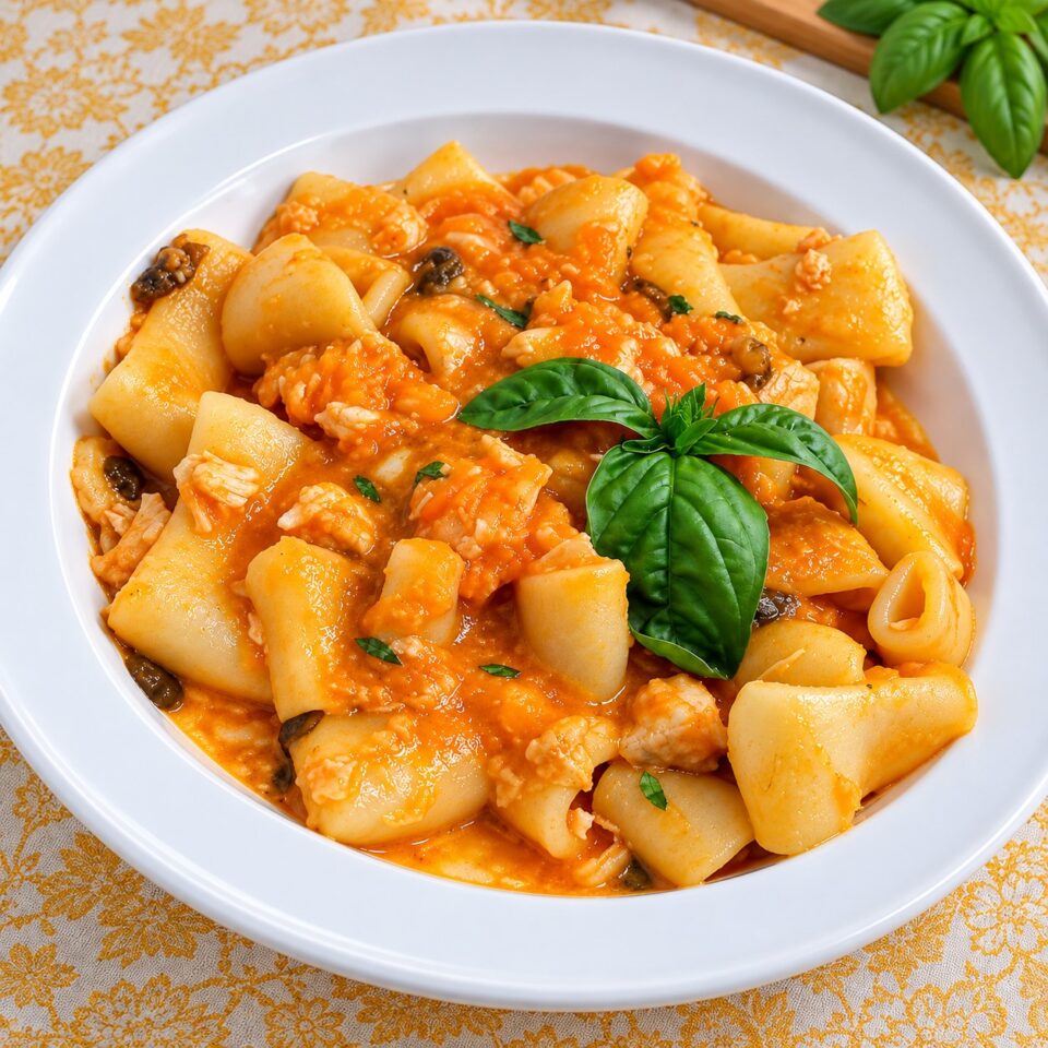 Piatto di mezzi paccheri conditi con una crema di zucca arancione, tocchetti di pesce spada e decorati con un ciuffo di basilico fresco