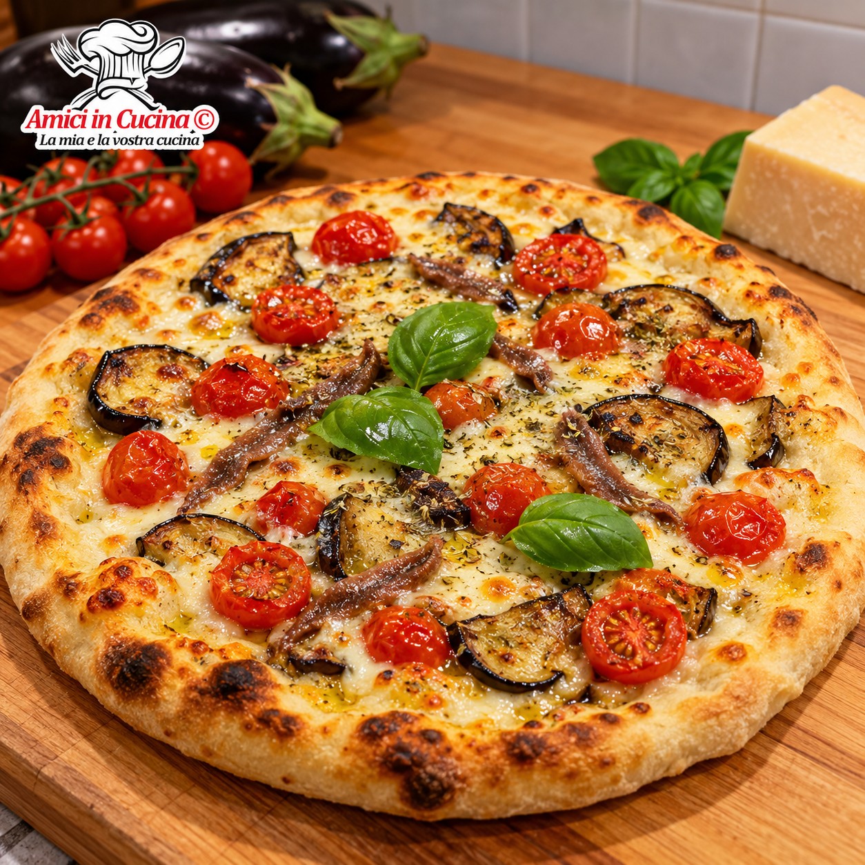 Pizza rotonda ben cotta e dorata, condita con fette di melanzane, pomodorini rossi, formaggio fuso e guarnita al centro con foglie di basilico fresco, adagiata su un tagliere di legno