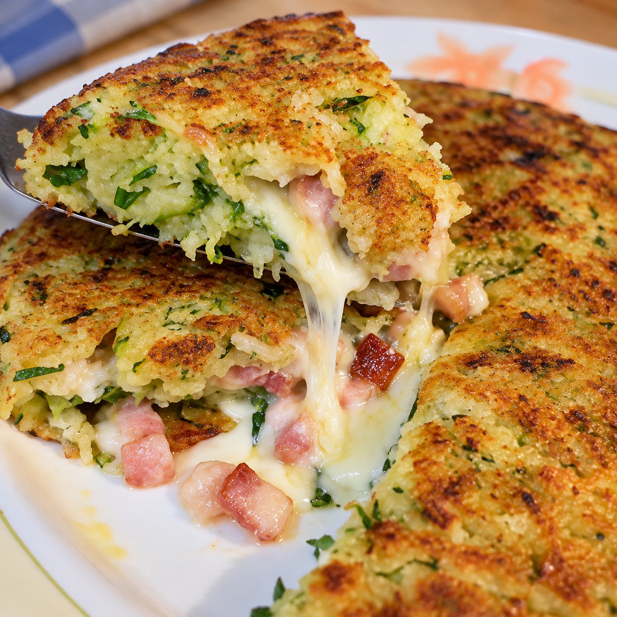 Fetta di finta pizza di zucchine cotta in padella, dal cui interno cola abbondante formaggio fuso e si intravedono cubetti di pancetta