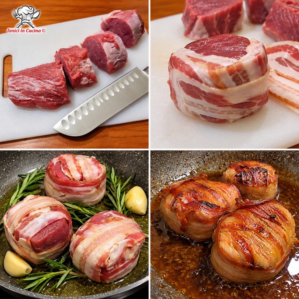 Fasi di preparazione della carne: taglio del filetto a medaglioni, bardatura con pancetta, posizionamento in padella con rosmarino e aglio, e rosolatura finale