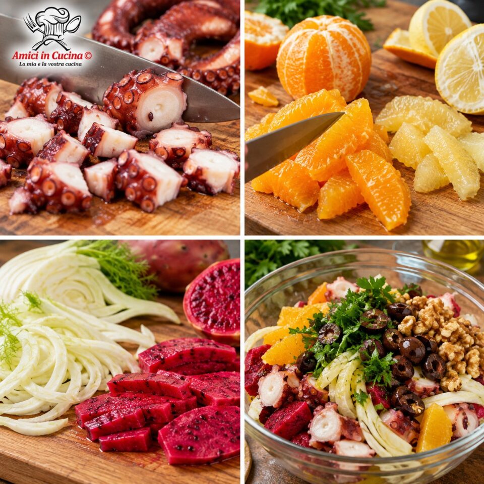 Fasi di preparazione: taglio del polpo bollito a rondelle, preparazione degli agrumi a vivo, taglio delle verdure fresche e aggiunta del condimento con olive e noci
