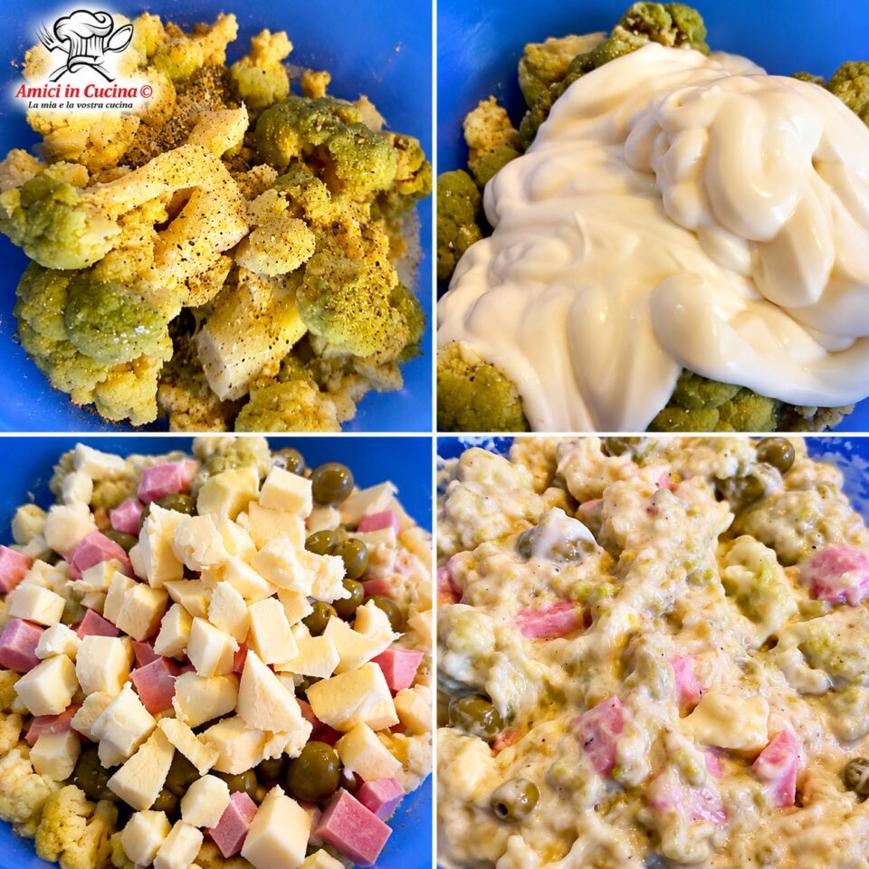 Fasi di preparazione del ripieno: cavolfiore lessato, aggiunta di besciamella, unione di formaggio a cubetti, salumi e olive, e amalgama finale

Titolo:
Didascalia dell'immagine: 

Descrizione: 